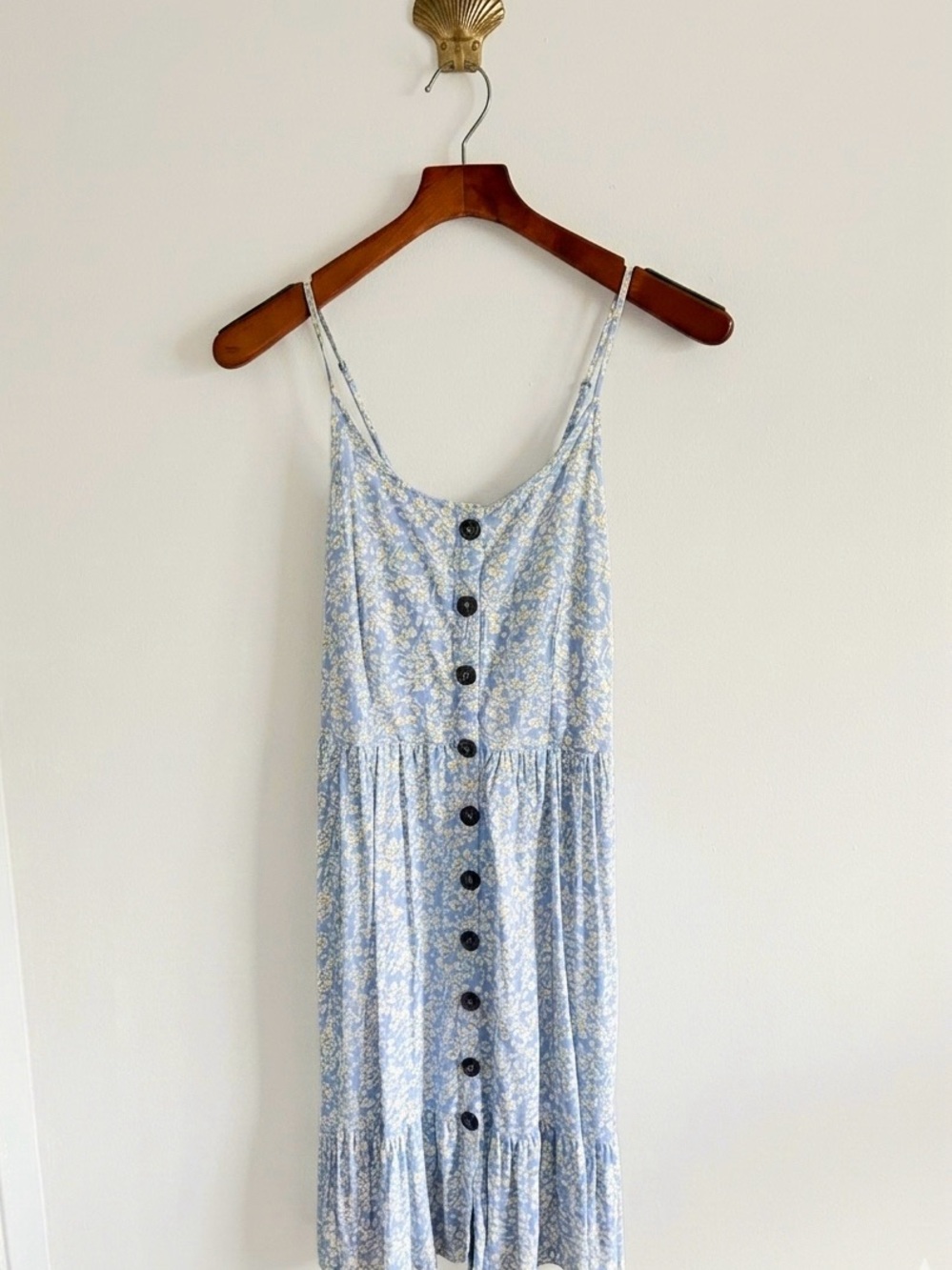 Japna Blue Yellow Floral Smocked Back Button Front Sundress Mini Tiered Hem S